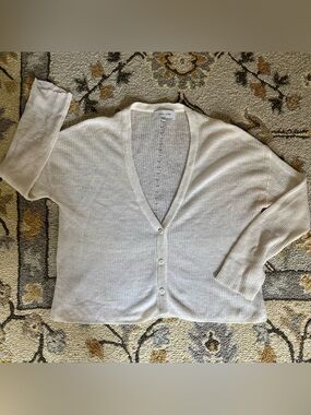 john + jenn white 100% linen loose knit cardigan / size small petite